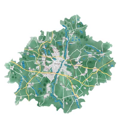 Mapa Poznania z wyszczególnionymi dzielnicami miasta i pobliskimi miejscowościami. Dominuje kolor zielony, pojawiają się także niebieskie smugi oznaczające rzeki, wodne akweny.