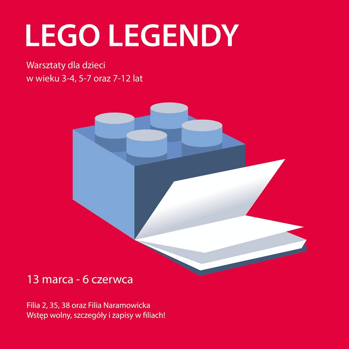 Klocek lego i otwarta książka na czerwonym tle