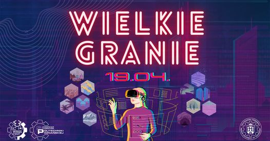 neonowa nazwa wydarzenia i postac w okularach VR