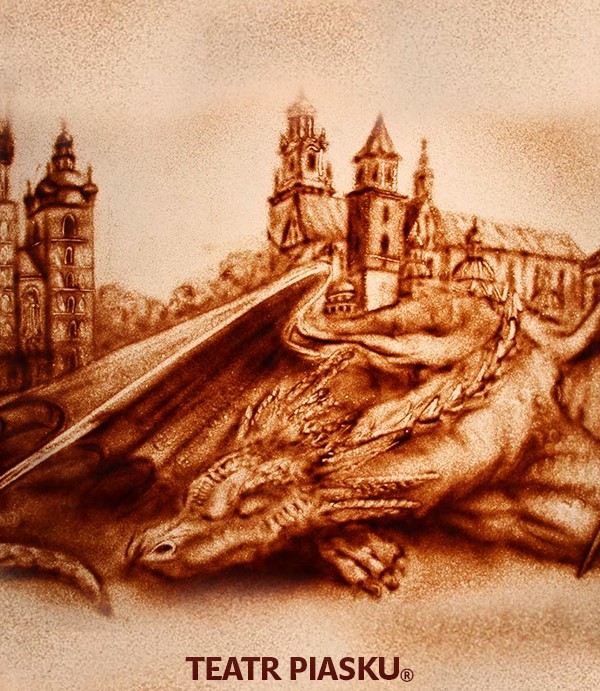 spiący smok na tle Wawelu w kolorach piasku