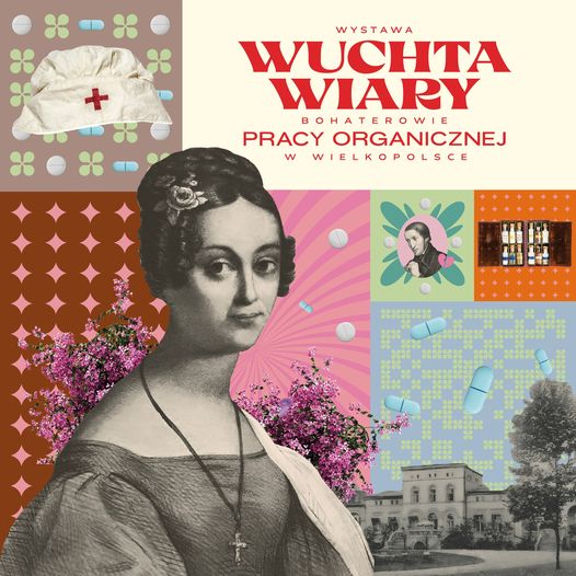 czarnobiałe zdjęcie Emilii Szczanieckiej na tle patchworkowego kolorowego tła