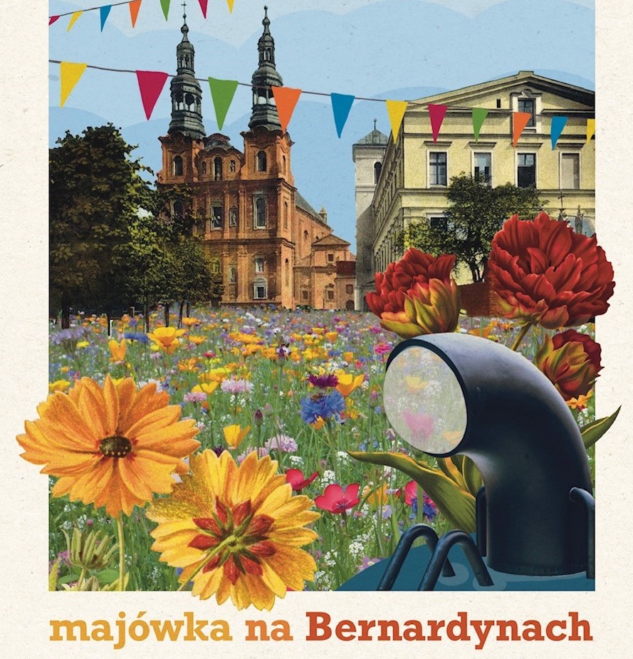 widok na rynek bernardyński wypelnione kwiatami z kościołem w tle