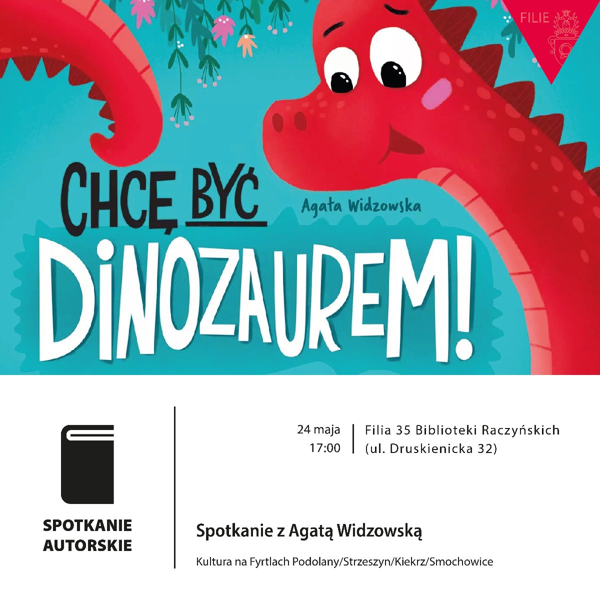 fragment okładki książki na której uśmiecha się czerwony dinozaur