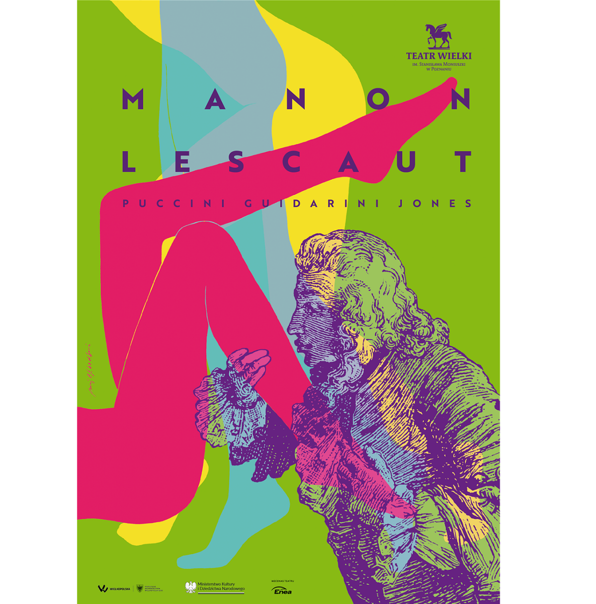 na zielono-zółto-niebieskim tle tytuł spektaklu, nazwiska twórców i logotyp teatru. Na pierwszym planie widoczne nogi leżącej kobiety w kolorze czerwonym i postać mężczyny, który je całuje.