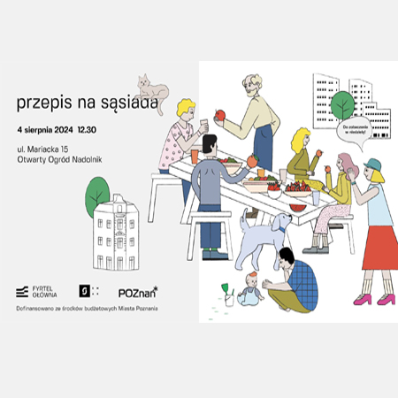 Po lewej informacje o wydarzeniu. Po prawej grafika przedstawiająca grupę osób siedzących przy stole zastawionym jedzeniem.