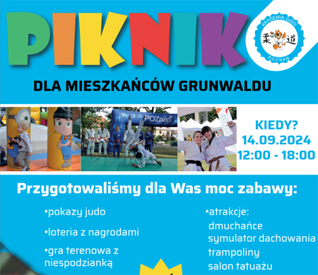 Plakat z informacjami o wydarzeniu (nazwa, data i atrakcje). W środkowej części zdjęcie z pokazu judo: zawodnicy walczą na macie. Z tyłu obserwują ich widzowie.