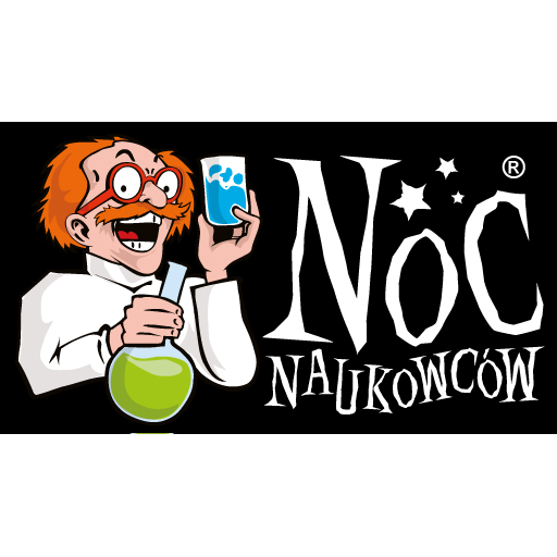 Naukowiec z wąsami i w okularach z naczyniami chemicznymi."Noc naukowców".