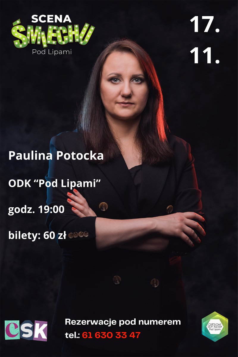 Zdjęcie artystki na czarnym tle. Białe napisy informujące o wydarzeniu.