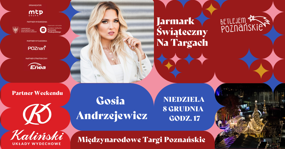 Na górze zdjęcie piosenkarki, białe napisy na czerwonym i niebieskim tle informujące o wydarzeniu.