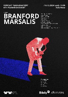 Czerwona sylwetka mężczyzny grającego na saksofonie. Napisy informujące o wydarzeniu.