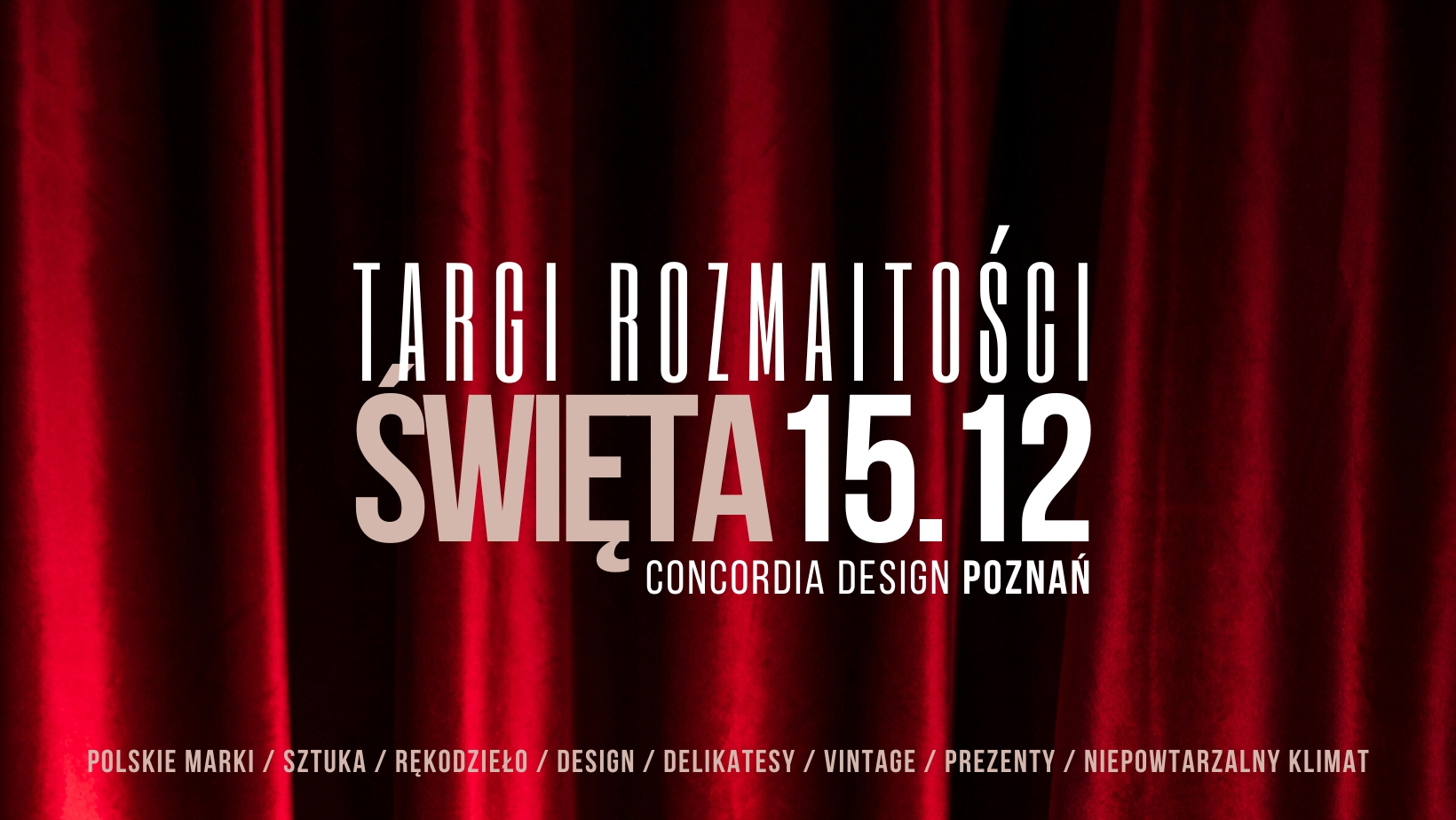 Na bordowym tle imitującym kurtynę białe napisy informujące o wydarzeniu.