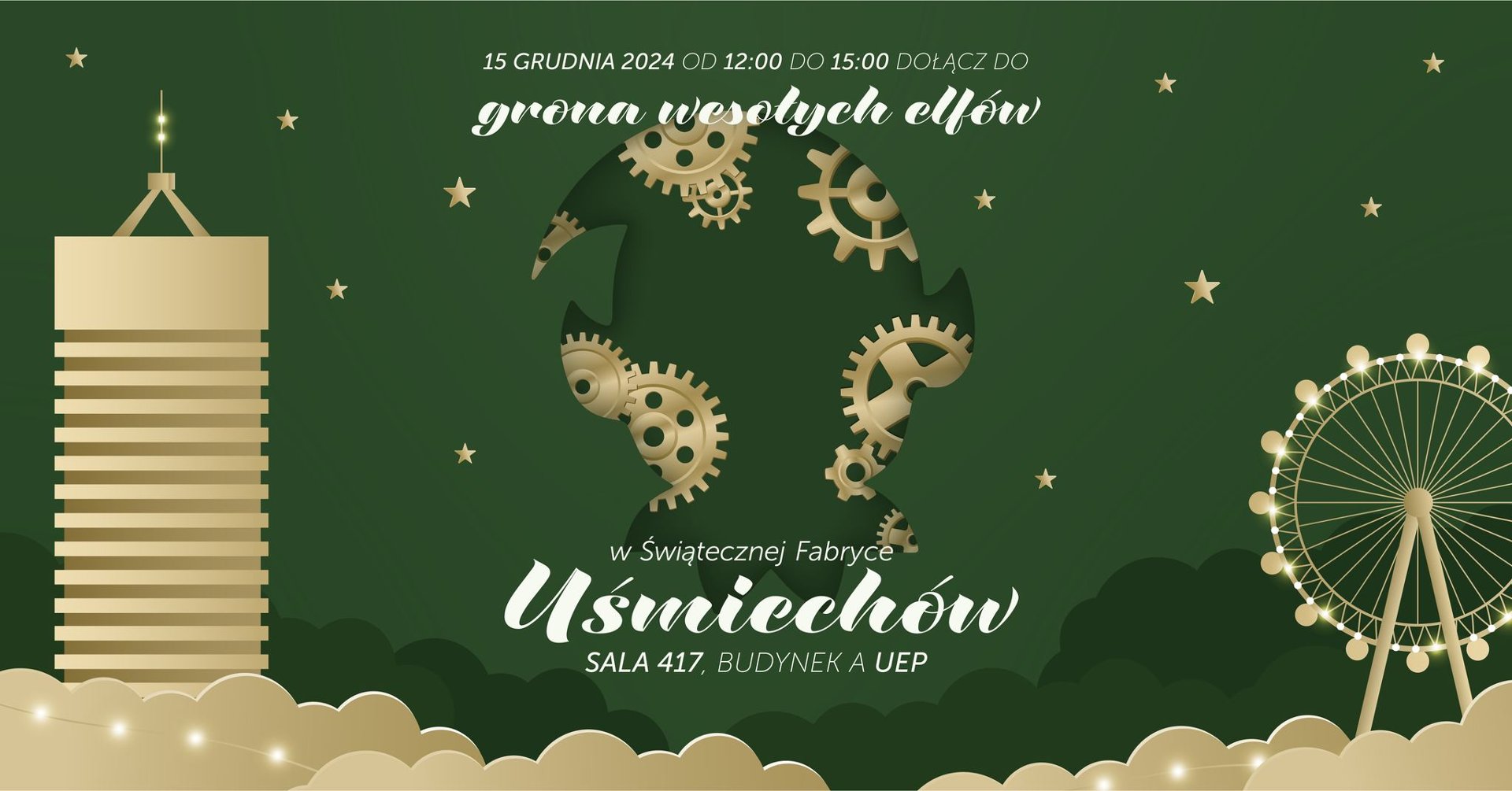 Na zielonym tle żółty budynek Uniwersytetu Ekonomicznego, gwiazdki i młyńskie koło. Białe napisy informujące o wydarzeniu.