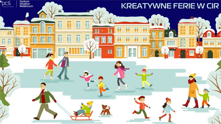 Dzieci na łyżwach i sankach bawią się na śniegu. W tle kamienice.