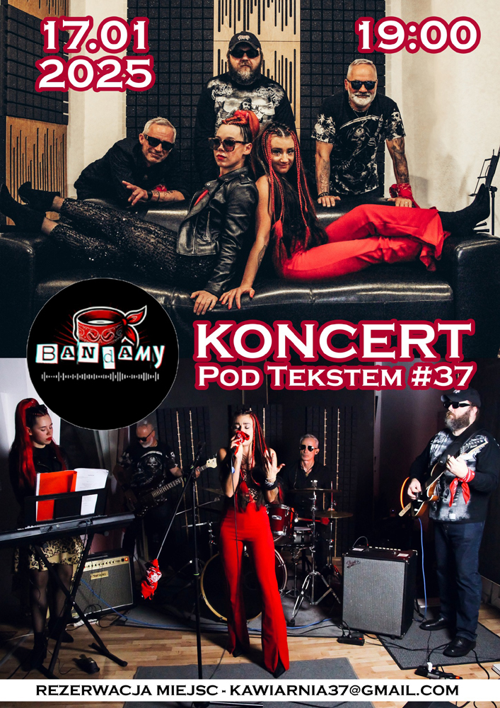 Dwa zdjęcia członków zespołu. Na górnym wszyscy pozują do zdjęcia: kobietą siedza na kanapie, mężczyni stoją za nimi. Na dolnym występują na scenie.