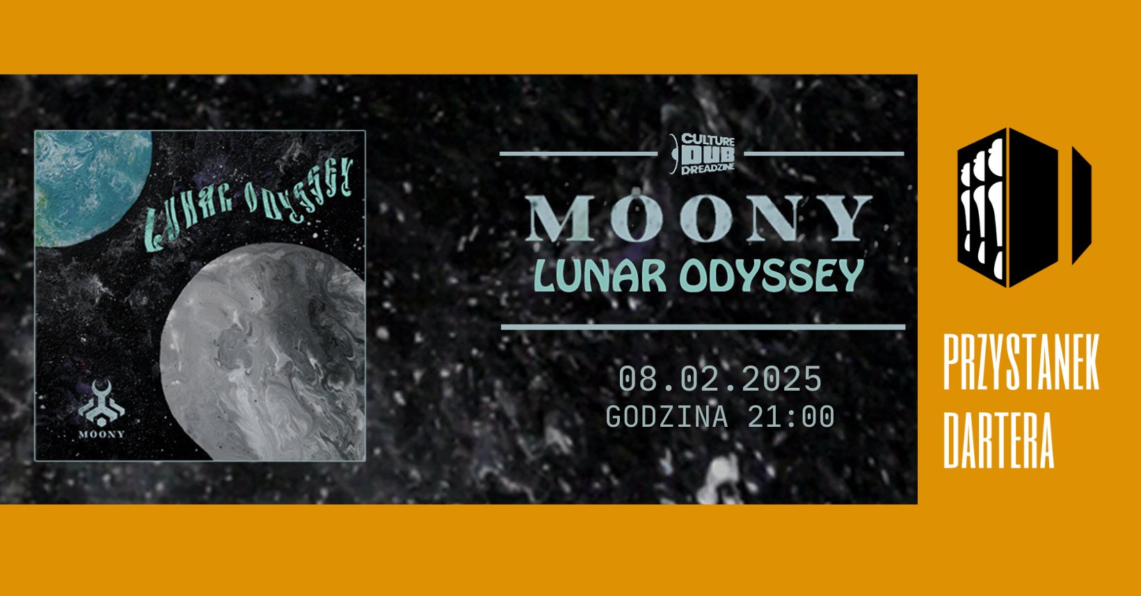 Po lewej stronie grafika ze zdjęciem Księżyca i fragmentem Ziemi, po prawej napisy informujące o wydarzeniu.