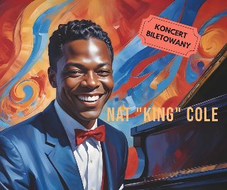 Czarnoskóry mężczyzna w granatowym garniturze uśmiecha się do zdjęcia. Na kolorowym tle widać żółty napis "Nat King Cole".
