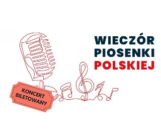 Czarno-czerwony tytuł wydarzenia po prawej stronie, po lewej czerwone nutki odchodzące od instrumentu.
