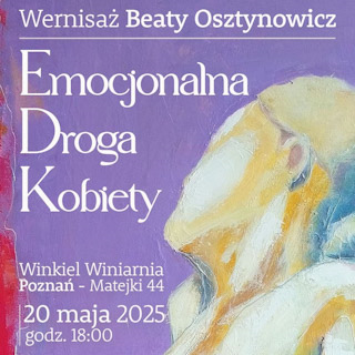 Na fioletowym tle białe napisy informujące o wydarzeniu. Po prawej stronie namalowane popiersie z odwróconą profilem twarzą, jednak nie widać oka ani nosa.