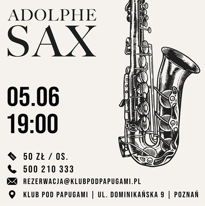 Po lewej czarne napisy informujące o wydarzeniu, po prawej duży czarny saksofon, jasnobeżowe tło.
