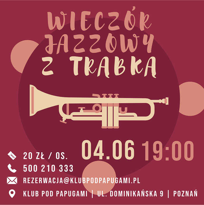 Na środku bladożółta trąbka na czerwonym tle. Na górze i na dole napisy informujące o wydarzeniu.