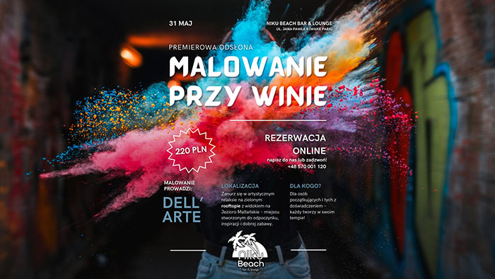 Białe napisy informujące o wydarzeniu na tle abstrakcyjnej kolorowej grafiki.