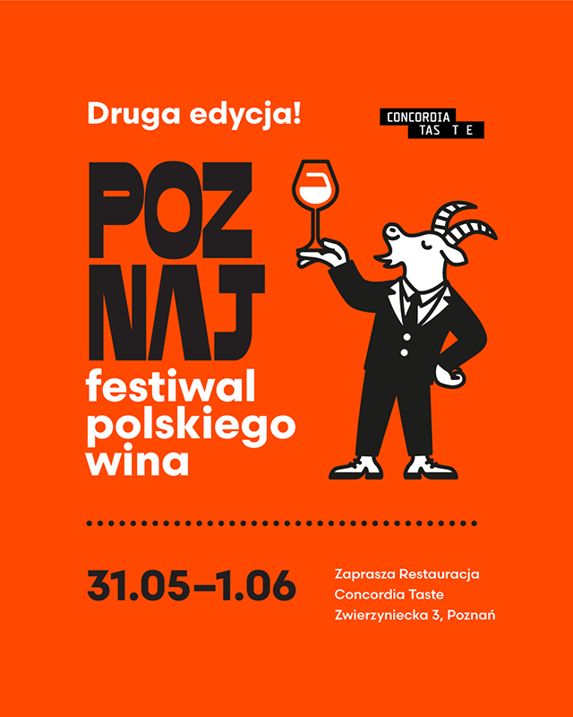 Po lewej i na dole białe i czarne napisy na czerwonym tle. Po prawej postać kozła w garniturze trzymającego klieliszek z winem.