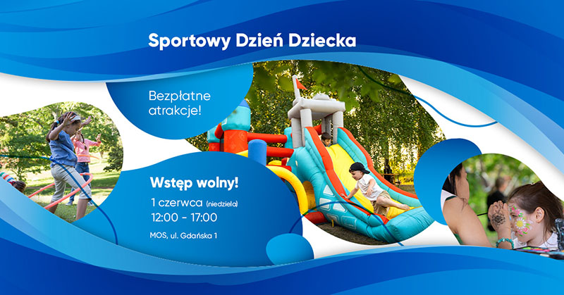Po prawej dzieci zjeżdżają ze zjeżdżalni, po lewej dziewczynki kręcą hula-hop. Białe napisy na niebieskim tle.