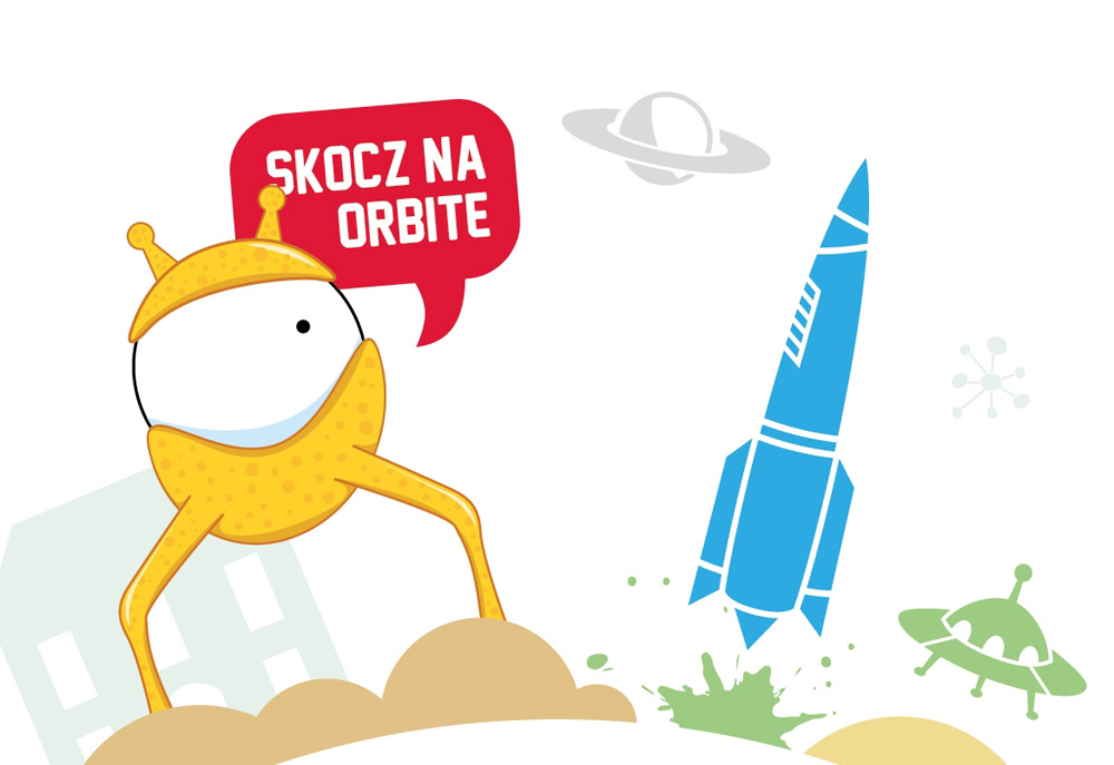 na plakacie rakieta i żółty stworek