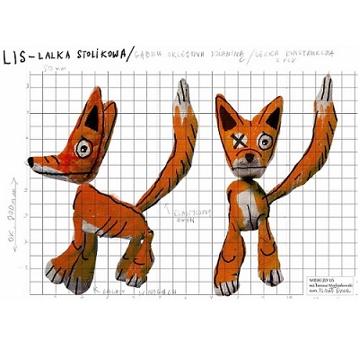 na kartce w kratkę naryzowany odręcznie rudy lis w dwóch pozycjach: przodem i bokiem. Wokół niego dopisane odręcznie informacje ja ma wyglądać i z czego ma być zrobiony.