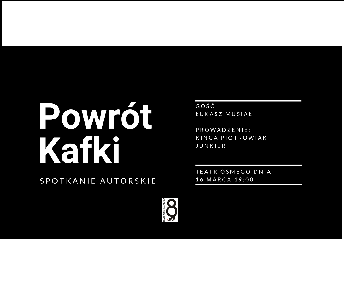 na banerze na czarnym tle białe litery z tytułem spotkania, datą, godziną i nazwiskami osób uczestniczących