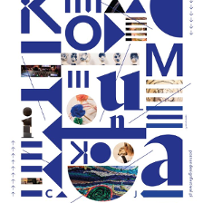 Plakat festiwalu złożony z wielu drobnych elementów, liter i fragmentów zdjęć. Dominuje kolor biały i niebieski.