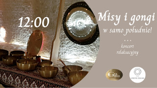 Na plakacie znajdują się misy, dwa gongi oraz informacje opisane w opisie takie jak pora dnia oraz typ koncertu.