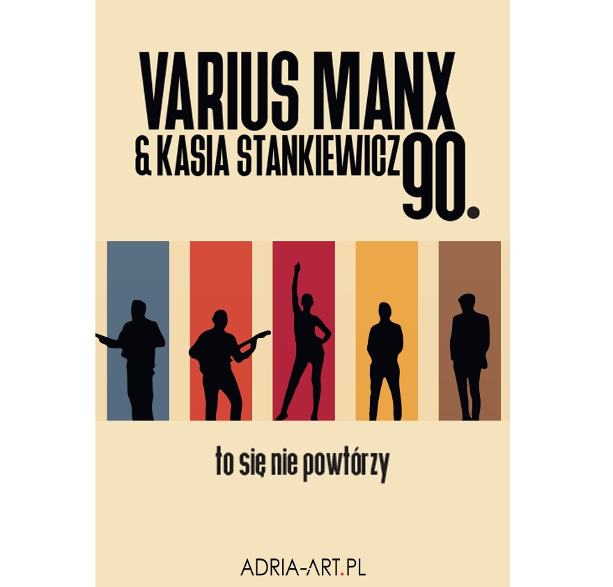 Na żółtym tle informacje dotyczące koncertu, pośrodku, w kolorowych prostokątach wyglądajacych jak okna, widoczne cztery czarne postacie. Pośrodku postać kobiety, po obu stronach mężczyzn.