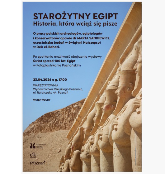 Na plakacie po prawej stronie widoczny fragment pustyni ze starożytną budowlą z rzeźbami. Po prawej stronie informacj eo wydarzeniu.
