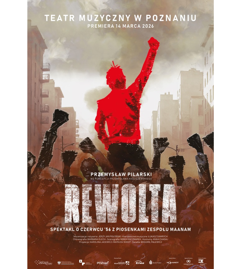 Plakat w stonowanej kolorystyce przedstawia tlum ludzi stojących na ulicy, z wyciągniętymi w górę rękoma z zaciśniętymi pięściami. Ponad tlumem widoczny mężczyzna, również trzyma rękę w górze, wyróżnia się, górna część jego sylwetki jest w kolorze czerwonym.