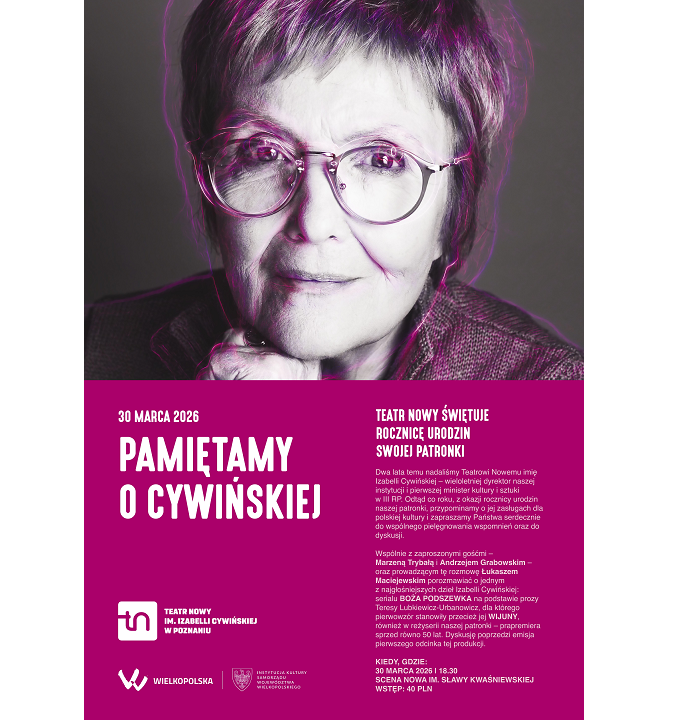 Górna część plakatu to zdjęcie twarzy dojrzałej kobiety w okularach. W dolnej części plakatu informacje o spotkaniu.