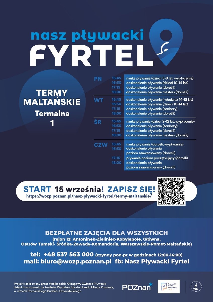 Na plakacie widać harmonogram zajęć oraz QR Code odsyłający do formularza zapisowego na zajęcia. Ponadto widoczne są dane kontaktowe, logo projektu oraz informacja do kogo skierowane są zajęcia.
