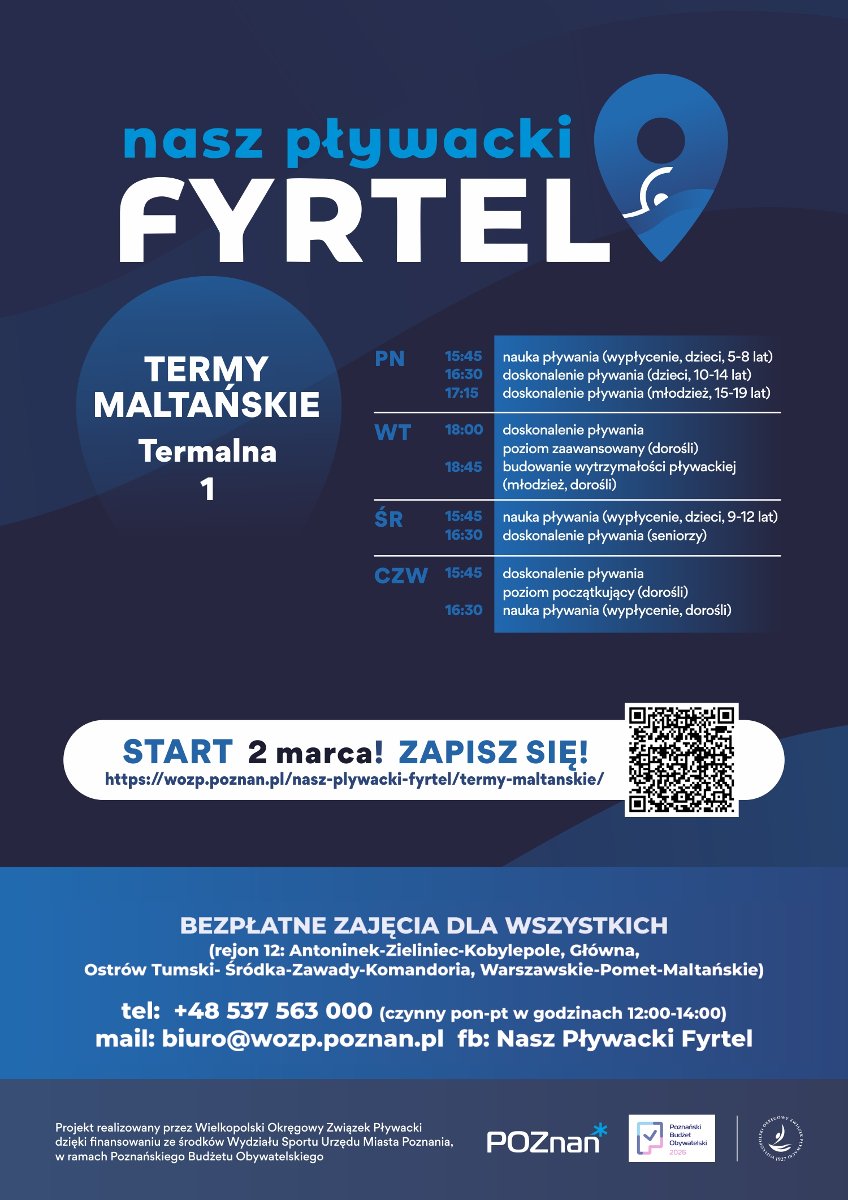 Na plakacie widać harmonogram zajęć oraz QR Code odsyłający do formularza zapisowego na zajęcia. Ponadto widoczne są dane kontaktowe, logo projektu oraz informacja do kogo skierowane są zajęcia.