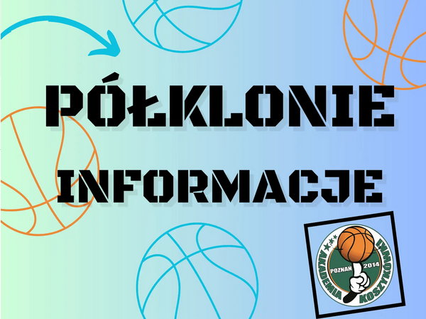 Plakat jest w niebiesko-zielonych barwach, na środku plakatu znajduje się czarny napis "PÓŁKOLONIE INFORMACJE".