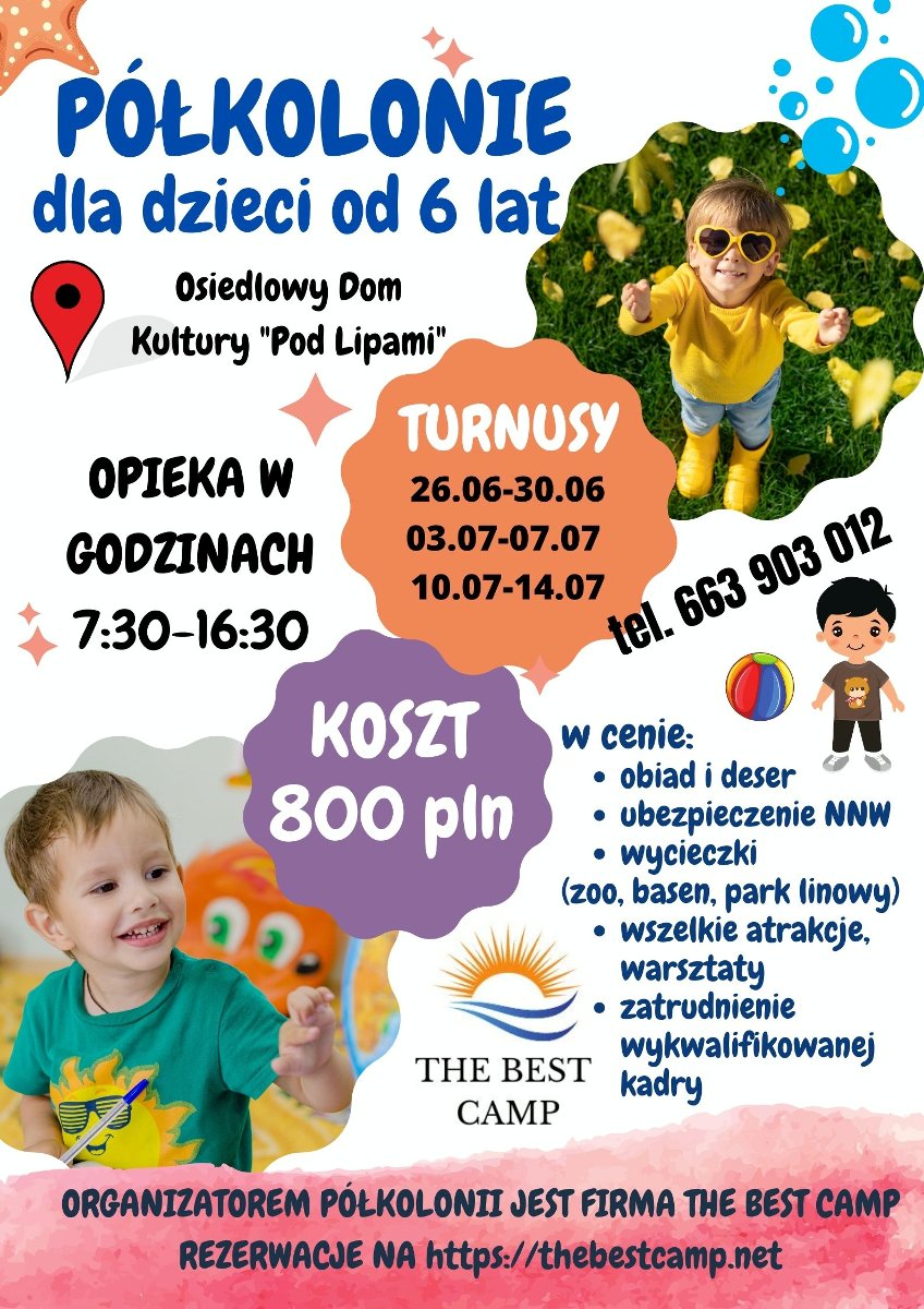 Na plakacie zostały zamieszczone informacje, które zostały opisane w opisie. Plakat jest w jasnych kolorach, takich jak biel czy pomarańczowy, znajdują się na nim również dwa zdjęcia uśmiechniętych i bawiących się dzieci.