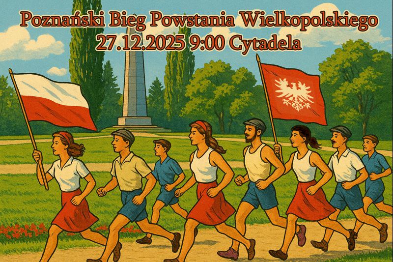 Plakat Poznańskiego Biegu Powstania Wielkopolskiego - grafika z biegaczkami i biegaczami, którzy biegną w sportowych strojach z patriotycznymi flagami po Cytadeli