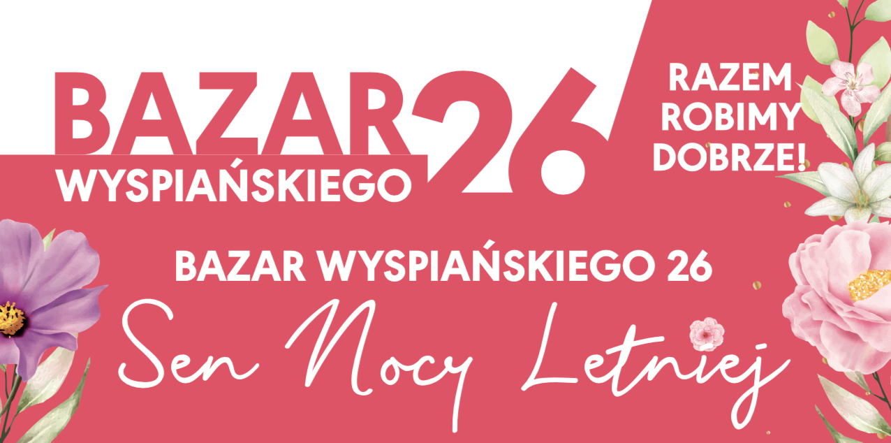 Biało-malinowe napisy, kwiaty po bokach.