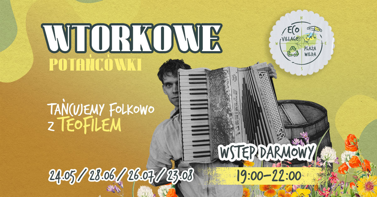 Mężczyzna "kukający" zza akordeonu.