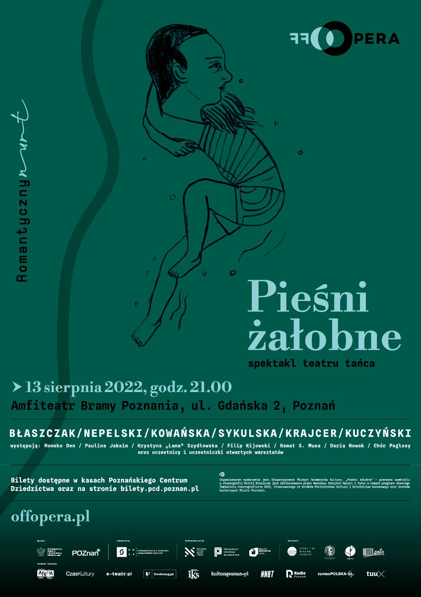 Rysunek dziewczybki wtulającej się popiersie osoby dorosłej na zielonym tle. Poniżej informacja o wydarzeniu - białe i czarne litery. W parwym górnym narożniku logo "OFF Opera"