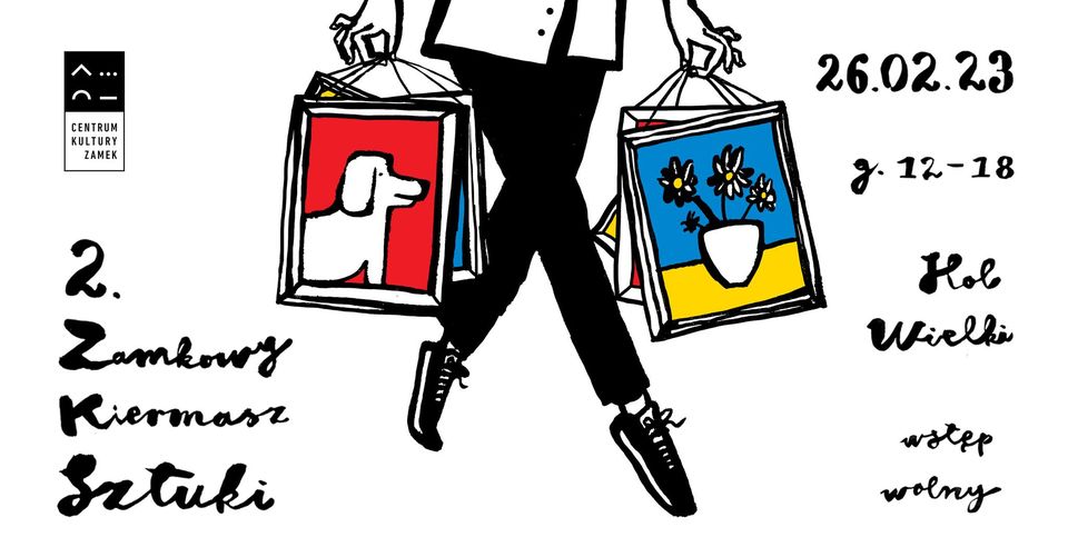 Grafika przedstawia osobę, a w zasadzie tylko jej nogi w czarnych spodniach i sportowych butach, która niesie torby, stylizowane na obrazy w ramkach: pieska na czerwonym tle oraz wazon z kwiatami na niebiesko-żółtym tle.