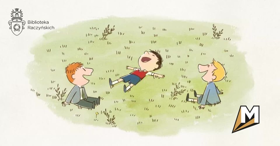 Rysunkowy plakat przedstawiający trójkę dzieci bawiących się na trawie.