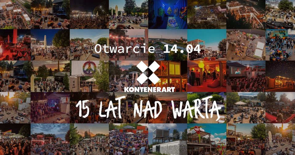 Kolaż zdjęć z różnych wydarzeń KontenerART. Po środku białe napisy.