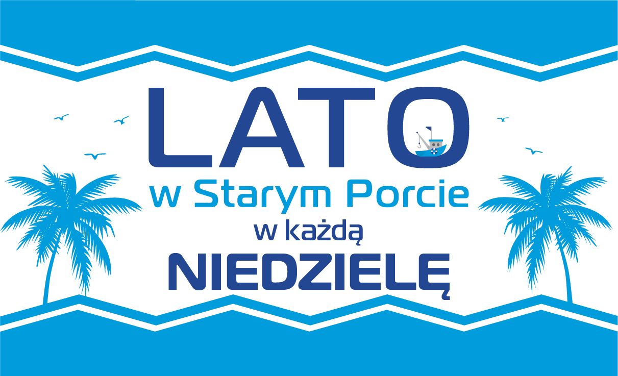 Biało niebieski plakat z granatowym napisem po środku, a po jego bokach palmy.