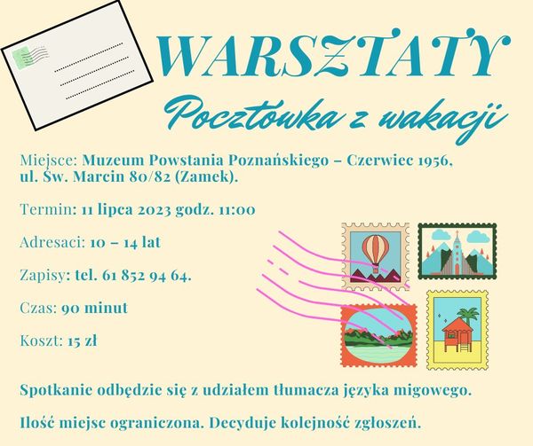 Niebieskie napisy na zółtym tle. Po prawej rysunkowe znaczki pocztowe.