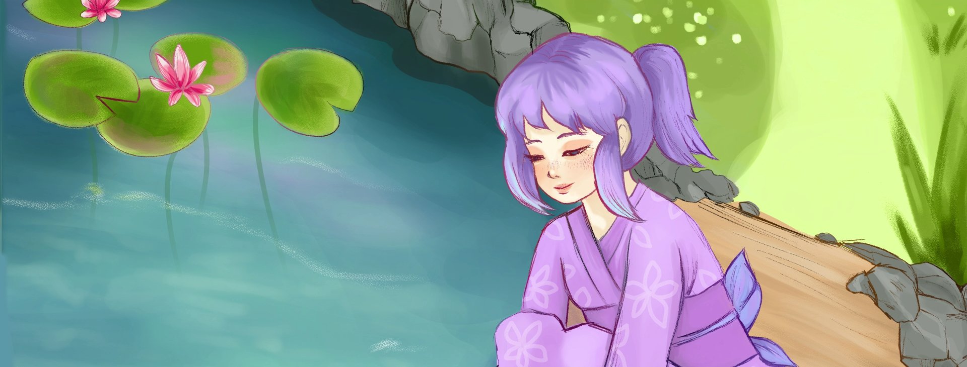 Dzieczyna w fioletowych włosach i kimonie siedzi nad stawem porośniętm różowymi liliami. Za nią ścieżka i zieleń.